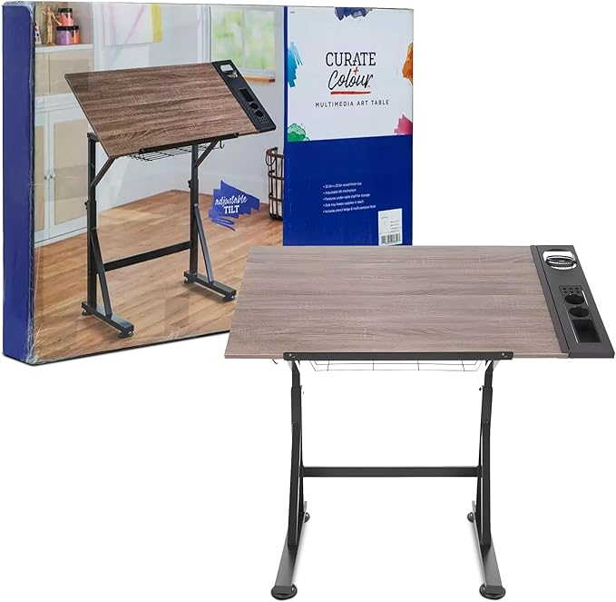 Curate + Colour Multimedia Wood Art Table for Adults - Sturdy & Adjustable Drafting Table w/ 3 Drawers, Pencil Cup, Tray & More - Freestanding & Easy to Assemble Paint Table - Versatile Art Tables