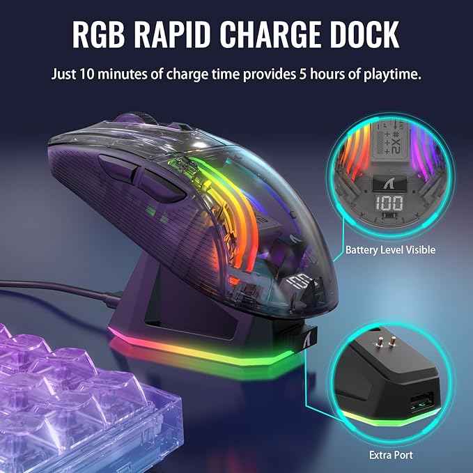 A.JAZZ Wireless Gaming Mouse with Full Transparent,Tri-Mode 2.4GHz/Bluetooth/Wired Mouse,Digital Display,Charging Base,3D RGB Backlit,Silent Mice with 7 Buttons,Wireless Mice for Laptop,PC,Mac(Black)