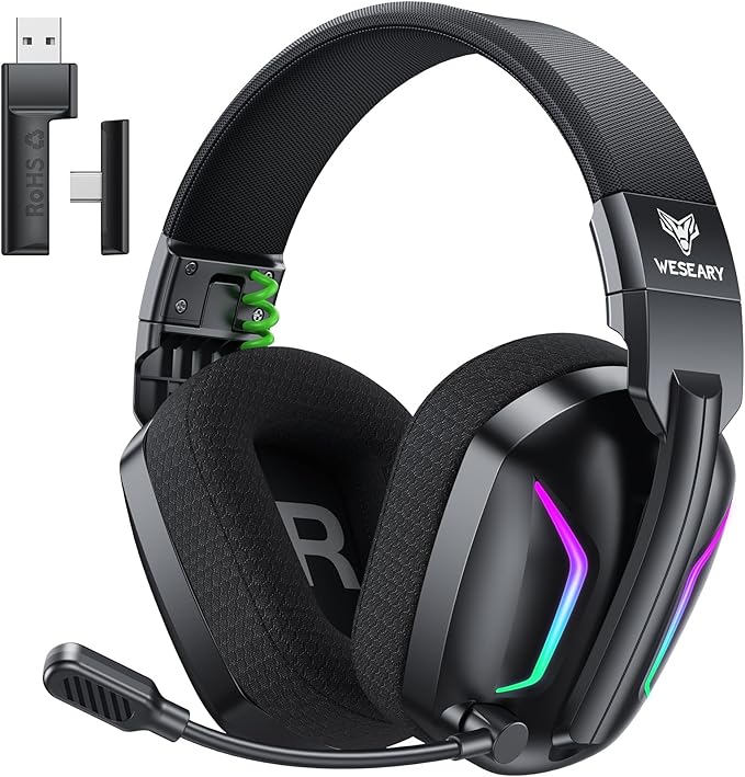 WESEARY Wireless Gaming Headset for PS5, PS4, PC, Laptop, Mac & Switch, Dual Low-Latency 2.4GHz USB/Type-C, Bluetooth Gaming Headphones with ENC Mic for Gamecube, 3D Stereo,Colorful Light, 50H Power