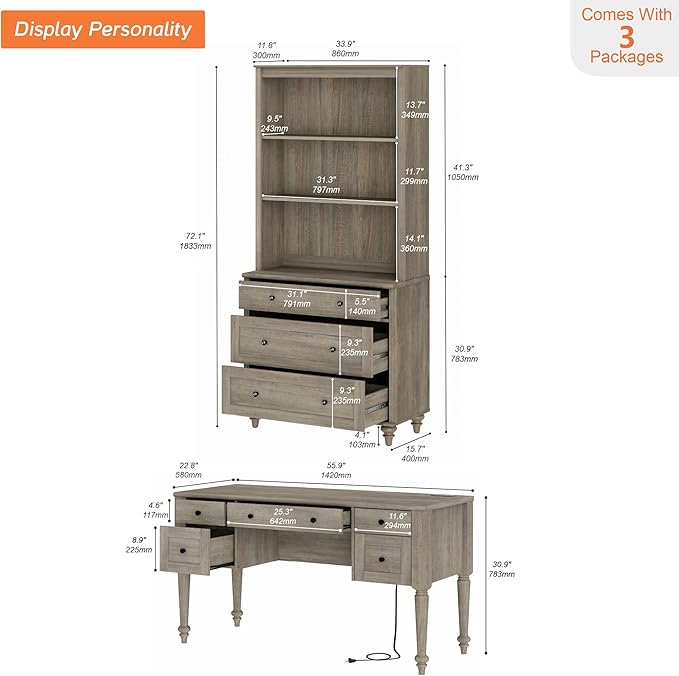 WAMPAT Home Office Furniture Set, 56'' Executive Desk with Charging Station, 72" Tall Bookcase with 3 Drawers, Wood Computer Desk with File Cabinet Storage, Open Shelf, Wash Grey