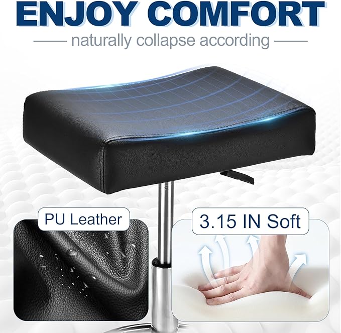 Square Salon Rolling Stool - 300lbs Weight Capacity，Adjustable Swivel Stool with Wheel，Pu Leahter Comfortable Cutting Stools for Salon Tattoo Stylist Massage Perfect for Work SPA (Premium Black)