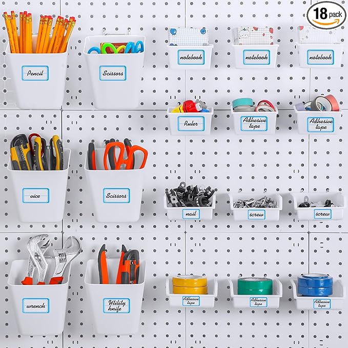 Uiifan 18 Set Pegboard Bins Kit Plastic Pegboard Cups with Metal Hooks Wall Containers Organizer Accessories with Label Stickers for DIY Tools Craft Office Workshop Garage Storage(White)