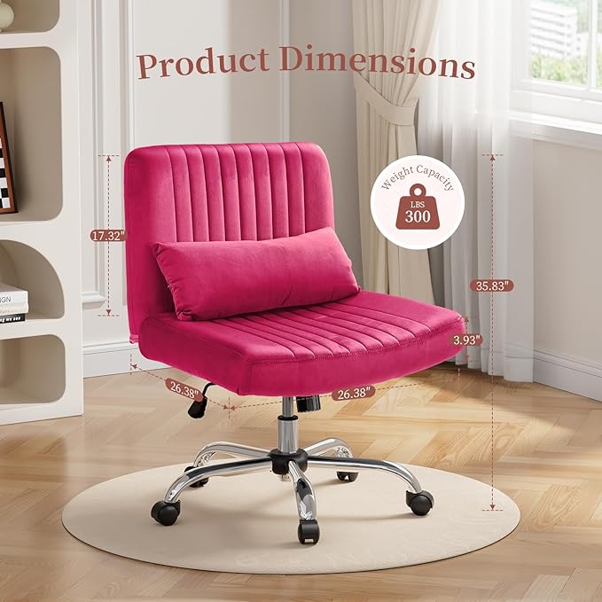 Warmiehomy Criss Cross Office Chair with Wheels, Velvet Cross Legged Desk Chairs for Home, Height Adjustable Swivel Wide Seat Computer Chair, Modern Vanity Chair for Women, Barbie Pink