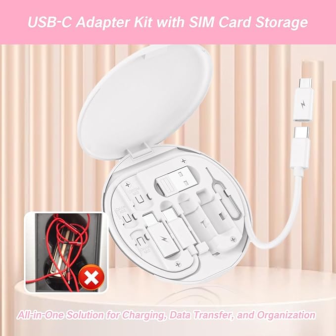 9 in 1 Cable Case USB Adapter Cable Conversion Storage Box USB Type C to Micro USB/Lightning/USB A Cable Data Transfer Tool Contains Sim Card Slot Tray Eject Pin Use as Phone Holder (White)