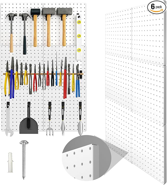 Peg Board, 6 Pack Metal Pegboard Panels White Pegboards Wall Organizer with Bent Frame Large Heavy Duty Peg Board for Walls Home, Garage Tool Storage, Workbench, Craft Room, Kitchen