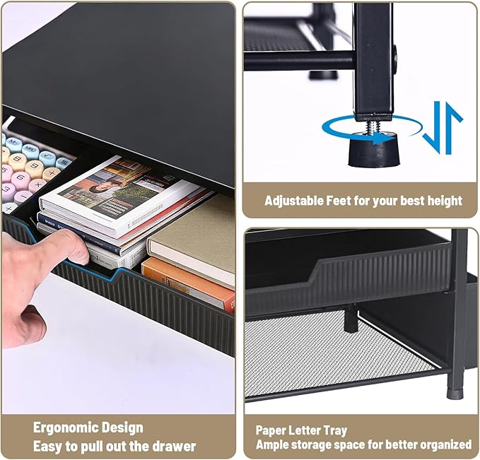Printer Stand for Desk with Storage, Desk Organizer with Drawer and Pen Holder, Printer Table for Home Office, Multi-Purpose for Home Printer, Fax Machine, Scanner, Die-Cut Machine (Black)