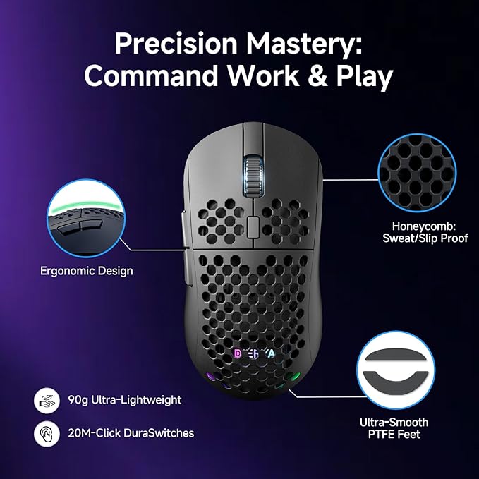 DIERYA M1 Wireless Gaming Mouse, 24000DPI, 180Hrs Battery, 16.8M RGB, 6 Programmable Buttons, Lightweight, Tri-Mode (2.4G/BT5.2/USB-C) for PC/Mac/Laptop - Black