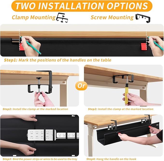 Under Desk Cable Management Tray with Clamp, No Drill 28" Cord Organizer for Desk, Desk Cable Management Fabric Tray for Standing Desks, Ideal for Home & Office - Black