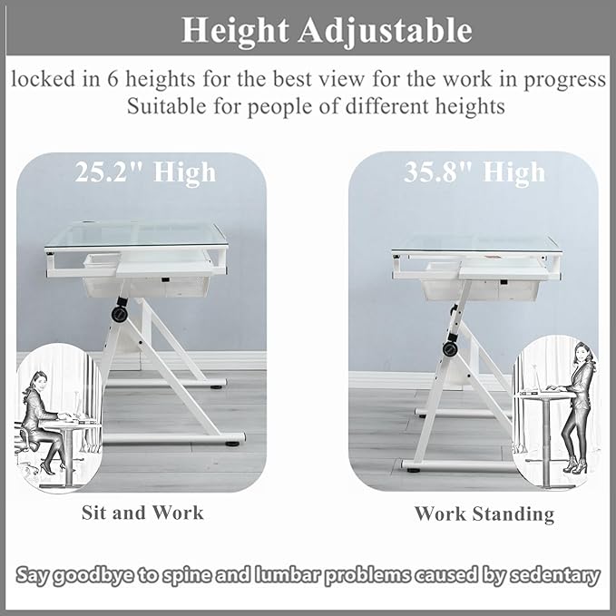 Drafting Table for Artists, Height Adjustable Glass Drawing Table with Stool, Ergonomic Art Table with 0-75° Tilting Tabletop and More Storage for Home Office, Type 1-White
