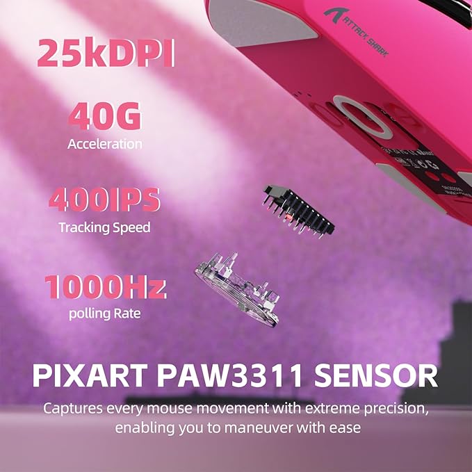 ATTACK SHARK G3PRO Wireless Gaming Mouse with RGB Charging Dock,2.4G/USB-C Wired/BT PAW3311 Optical Sensor 1K Polling Rate Adjustable 25K DPI,500mAh Battery Ultra Lightweight 59g Mice(Red)