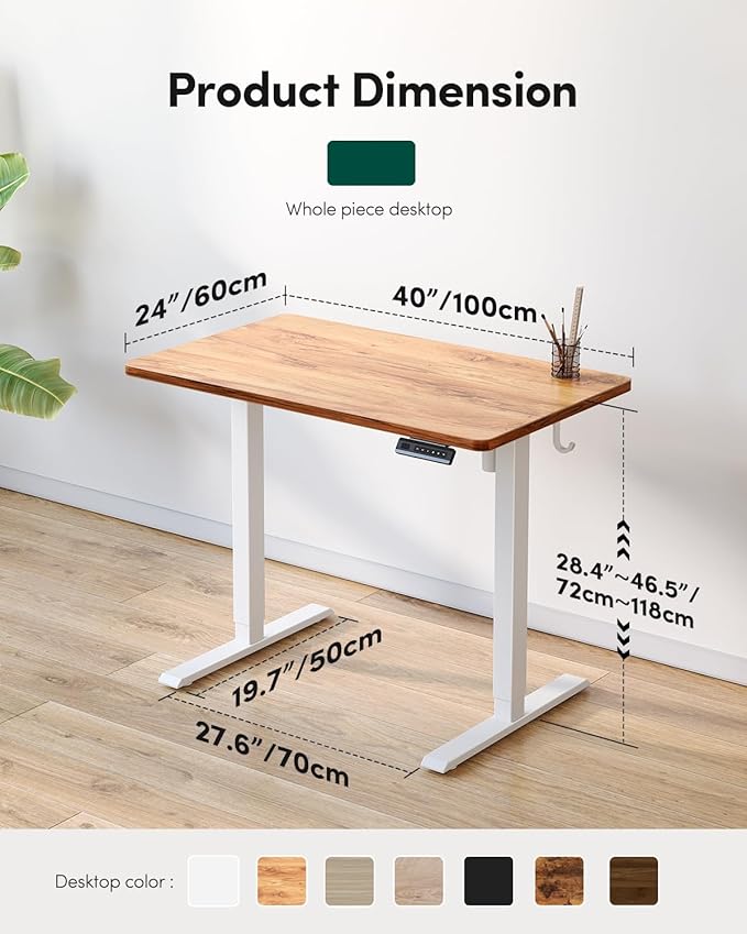 CubiCubi 40 x 24 Small One-Piece Standing Desk, Adjustable Height Electric Computer Home Office Sit Stand up Workstation, with 4 Memory Presets, Headphone Hook, Light Rustic
