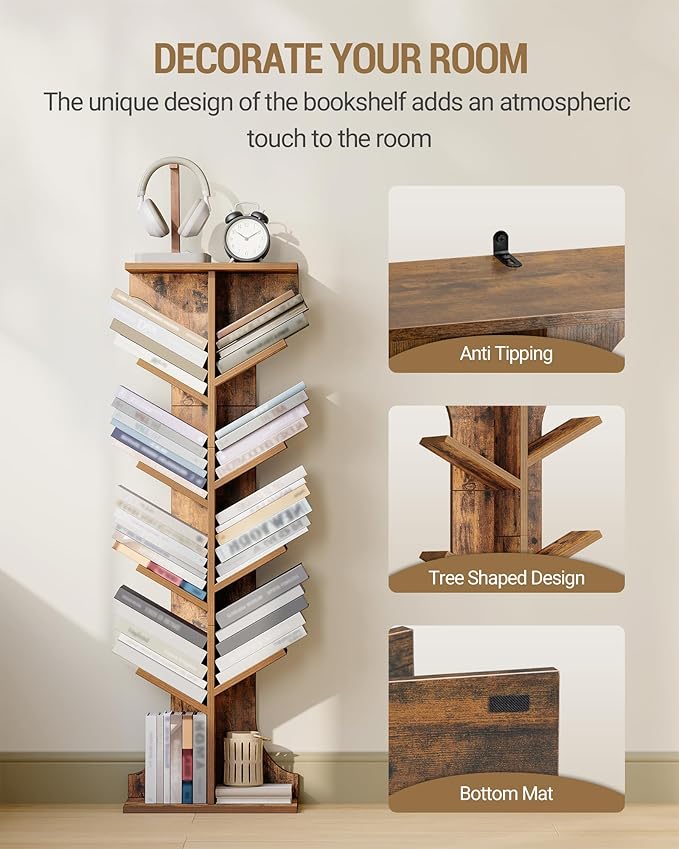 Hzuaneri Tree Bookshelf, 11 Tier Narrow Bookcase, Display Shelf, Book Organizer, Small Floor Standing Book Shelf for Bedroom, Living Room, Home Office, Rustic Brown BC01601X