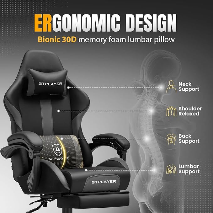 GTPLAYER Gaming Chair with Foot Rest & Pocket Spring Cushion, Ergonomic High Back Computer Chair with Headrest & 360°-Swivel Seat for Home Office Desk, PU Leather, Gray