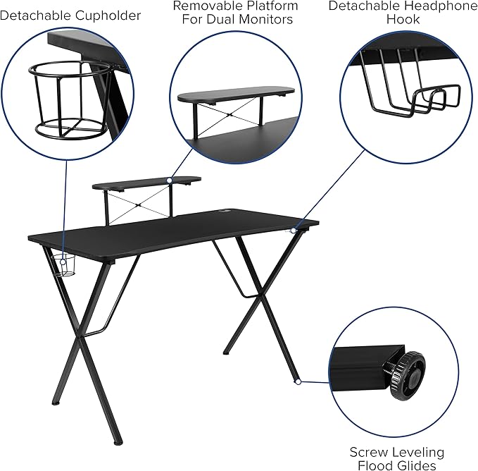 Flash Furniture Black Gaming Desk and Pink/Black Racing Chair Set with Cup Holder, Headphone Hook, and Monitor/Smartphone Stand