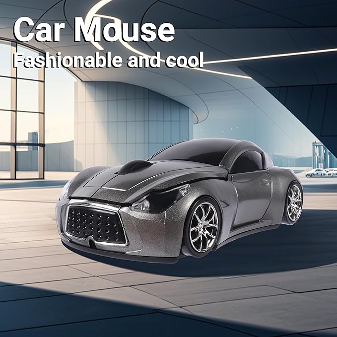 elec Space Wireless Car Mouse with LED Headlights, 2.4G Unique Car Mouse for Kids, 1600 DPI Cute Gaming Mouse for Laptop PC Computer - Grey