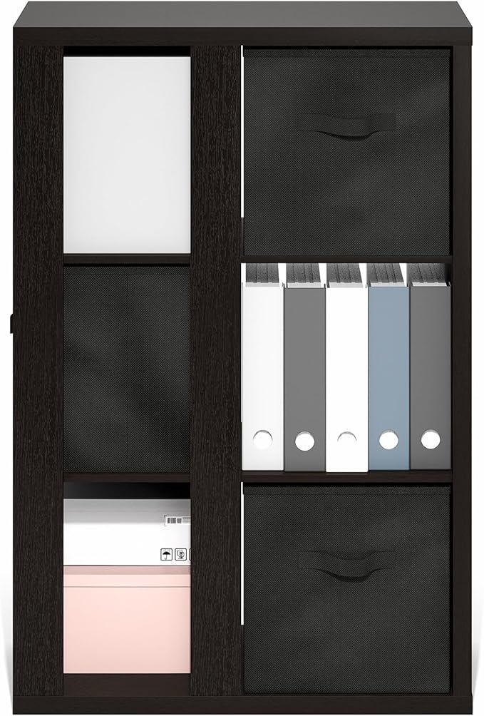 Furinno Viola Book Shelf, 3-Tier Bookshelf, Cube Storage Organizer Bookcase with Open Shelf, with Storage Bins, 13.6 x 29.3 x 43.8, for Living Room, Bedroom, Home Office, Dark Oak/Black