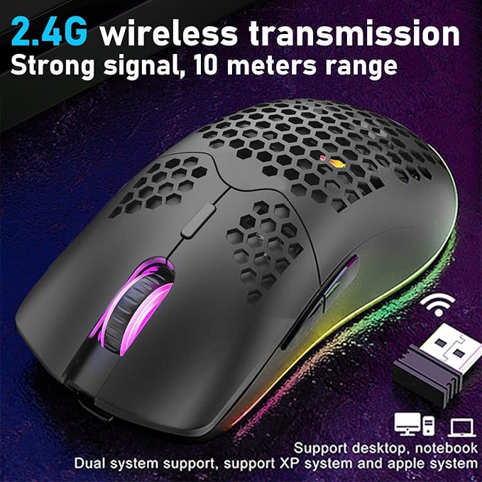 XINMENG Wireless Gaming Mouse Lightweight Honeycomb Design 3200 DPI Rechargeable Gaming Mouse with 16 Rainbow Backlit, USB Receiver,Compatible with PC Gamers and Xbox and PS4 Users