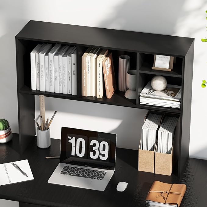 ReunionG Desk Hutch 2-Tier, Wood Hutch Top Only w/4 Shelves for Computer Monitor, Laptop, Dressing Table, Desk Organizer Display Rack Desktop Bookshelf for Home, Office, Dorm (Black)