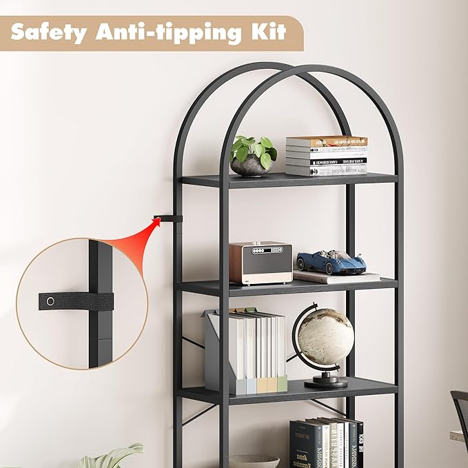 IDEALHOUSE Bookshelf 5 Tier Bookcase Arched Display Racks Tall Standing Bookshelves Metal Frame Modern Storage Rack Shelf Large Wood Book Shelf for Bedroom, Living Room, Home Office (Black)