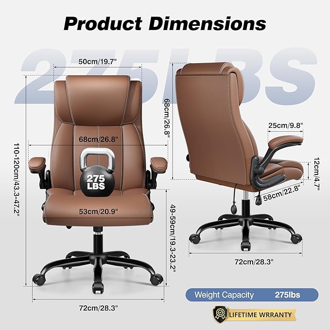 BESTFAIR Ergonomic Office Chair - Desk Computer Chair, Leather High Back Executive Chairs with Adjustable Lumbar Support & Flip Up Arms, Brown 4 Pack