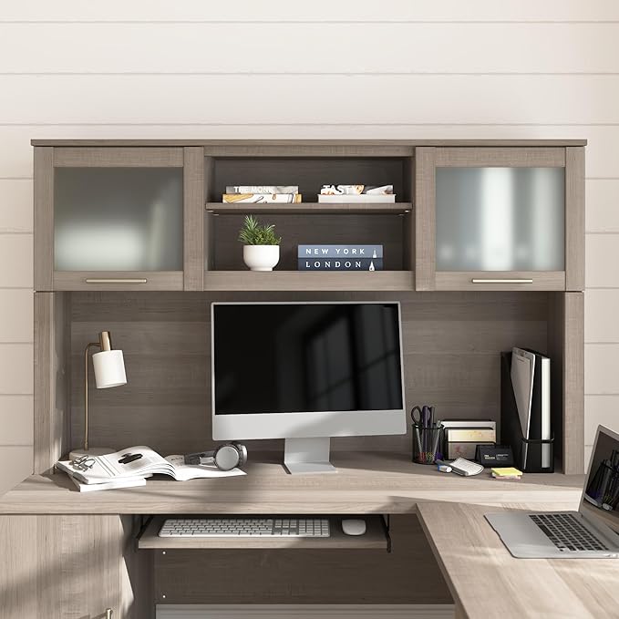 Bush Home 60-Inch Desk Hutch, Office Storage Organizer with Shelves, Cubbies and Frosted Glass Doors for Computer Desk, Home Office Furniture, Somerset Collection, Ash Gray