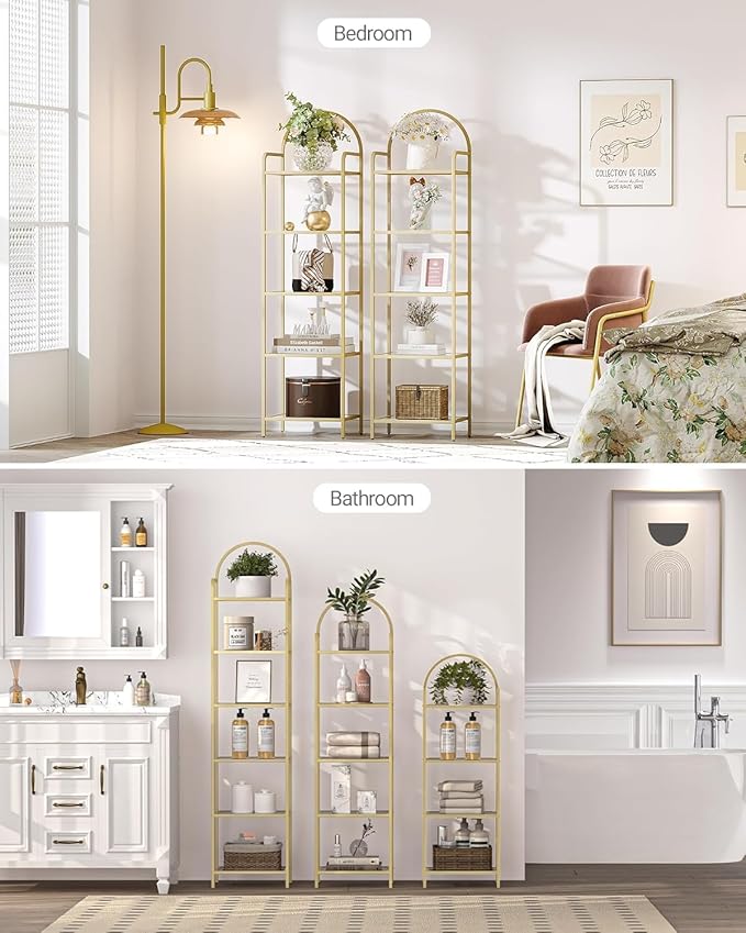 Hzuaneri Bookcase Bookshelf, Tempered Glass Bookshelves, Slim Shelving Unit for Bedroom, Bathroom, Home Office, Steel Frame, 6 Tier Gold BC10601G