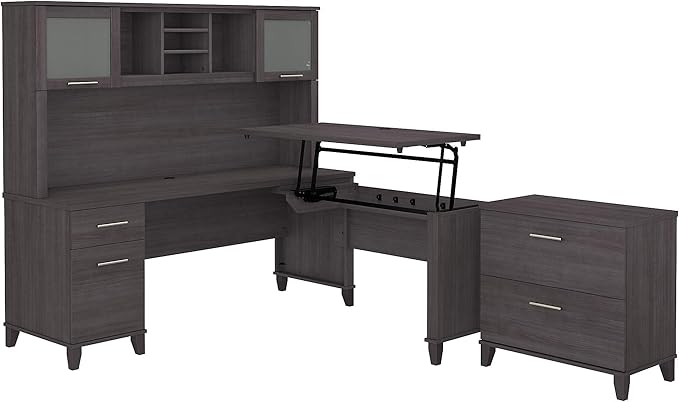Bush Furniture Somerset 72W 3 Position Sit to Stand L Shaped Desk with Hutch and File Cabinet in Storm Gray