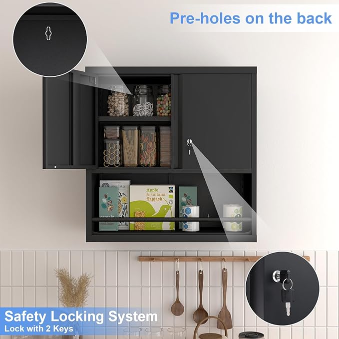 Metal Garage Storage Cabinets, Lockable Black Cabinet, Tool Cabinets Storage Wall Mounted, Hanging Cabinet with Guard Bar for Home Office, Basement