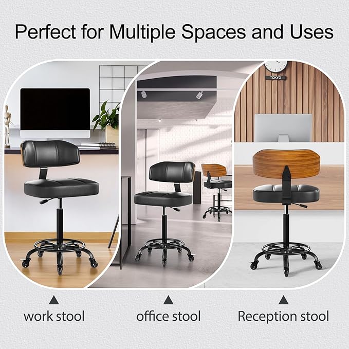 Drafting Chair with Lockable Wheels, Tall Chair Adjustable Stool with Curved Walnut Backrest and Footrest Ring, PU Leather Ergonomic Rolling Chair 300LBS Capacity for Office Workstation(Black)