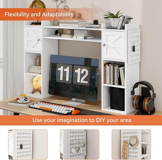 ELECWISH Desktop Bookshelf, Desk Hutch with Drawer for Computer Desk, 35.3" 8-Tier Adjustable Desktop Shelf Organizer with Pegboard for Home Office, Oak