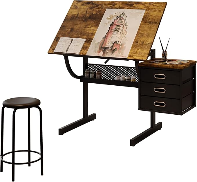Henf Drafting Table with Stool, Adjustable Art Desk with 3 Drawers for Adults/Artists Multi-Functional Tilting Drawing Desk Wood Tabletop Paintings Work Station for Home Office Artist, Study, Writing