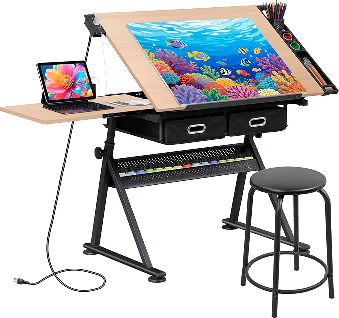 JupiterForce Drafting Table Art Desk w/Power Outlet and Stool, Adjustable Tilting Drawing Table Artist Desk with 2 Storage Drawers, Art Craft Work Station for Home Office Working, Writing, Crafting
