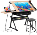 JupiterForce Drafting Table Art Desk w/Power Outlet and Stool, Adjustable Tilting Drawing Table Artist Desk with 2 Storage Drawers, Art Craft Work Station for Home Office Working, Writing, Crafting