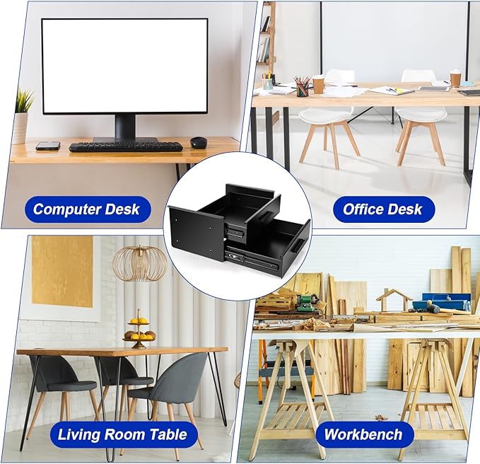 Menkxi 16 inch Under Desk Drawer Storage Pull out Storage Organizer Mounted Metal Sliding Hidden Under Counter Drawer Vertically Stacked for Office Sit Stand Workstation (2 Layer)