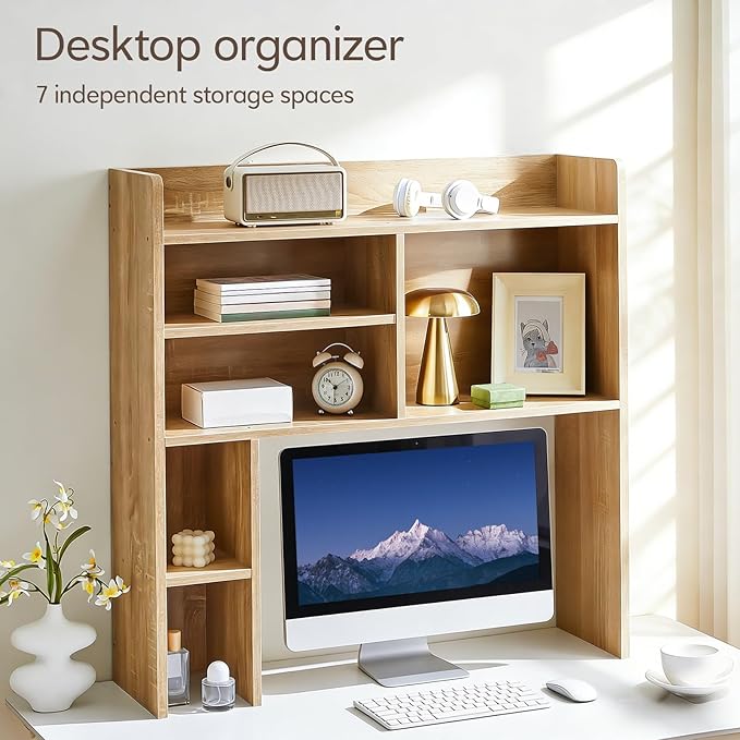TUKAILAi Desktop Bookshelf Organizer, Countertop Storage Hutch with 7 Shelves for Desk, Dorm Desk Hutch Wood Display Rack for Home Office (Natural)