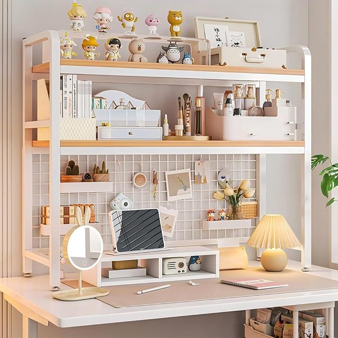 Desktop Hutch Bookshelf, 2-Tier Metal Desk Shelf with Grid Panel, Wooden Desktop Display Rack for Computer Monitor, Countertop Storage Organizer for Office Home Dorm (White)