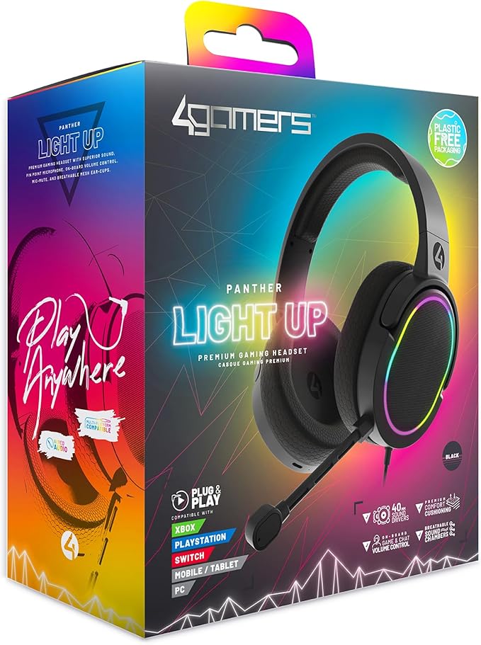 4Gamers Panther Wave - Over Ear Gaming Headset Compatible with PS4/PS5, Xbox, Switch, PC with Flexible Mic, 3.5mm Jack, 1.5m Cable, Lightweight, Comfortable and Durable