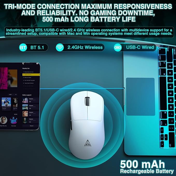 CORBOBO SOLAKAKA SM850 - Wireless Gaming Mouse - Programmable Buttons,24000 DPI Adjustable, Lightweight, Ergonomic Computer Wireless Mouse, BT5.1/2.4G/Wired, PC Gaming & Office Mice for Win/Mac/Linux