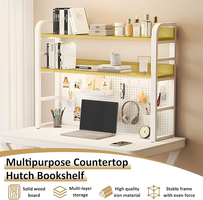 Desktop Hutch Bookshelf with Pegboard,Desk Organizer Shelf Bookcase, Countertop Storage Organizer Rack for Dorm Office Home Dormitory (White, 95CM/37.4IN)