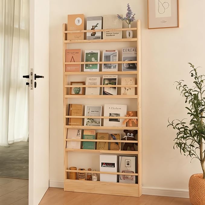 Baveke Kids Bookshelf, 6 Tier Shelves Behind The Door Book Shelf Storage, Children's Solid Wood Bookcase, Wall Mount Bookshelf for Bedroom, Living Room, Nursery（（FSC-Certified Wood））