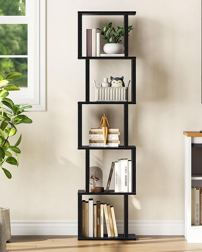 CHOEZON S-Shaped 5-Tier Bookshelf, 58.1-Inch Tall Bookcase with Anti-Tip Kit, Open Display Shelf for Living Room, Office, Bedroom Storage, Black MSJ01BB