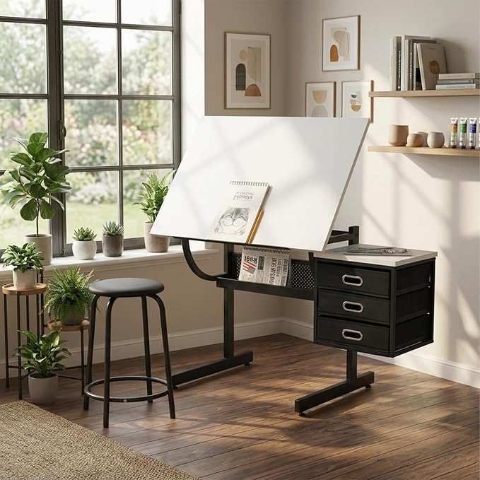 Drafting Table Art Table Adjustable Drawing Table Tilted Tabletop, Craft Table, with Storage Drawers and Stool, Crafting Desk with Storage for Painting Diamond Reading Writing Study (White A)