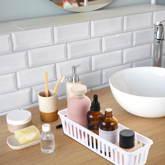 15 Pack Plastic Storage Baskets for Organizing Small Narrow Storage Bins Stackable Drawer Organizer Desk Garage Kitchen Cabinet Containers Pencil Holder Trays for Classroom