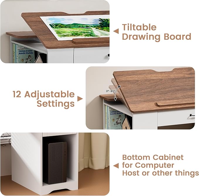 Crafting Table with Storage Cabinet & Drawers, Adjustable Drafting Table with Open Shelves, Drawing Computer Desk, Painting Desk, Workstation for Home Office Reading, Writing, Craftin