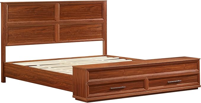 King Size Bed with 3D Geometric Headboard & Storage Bench - 4-Drawer Storage, Modern Bedroom Furniture, Walnut. The 3D geometric grid pattern on the headboard exudes modern charm, blending refinemen