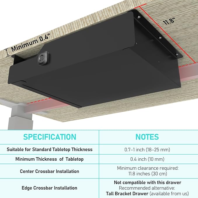 Under Desk Drawer with Biometric Fingerprint Lock, Metal Undermount Table Drawer, Slides Out Tray Organizer for Paper, Pencil, and Laptop 16"x11.8"x3.6", Black with Fingerprint Lock
