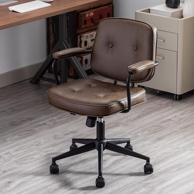 HEAH-YO Modern Armless Desk Chairs Set of 1, Swivel Computer Task Chair with Wheels and Armrests, Adjustable Office Chair with Backrest for Home Base, PU Brown
