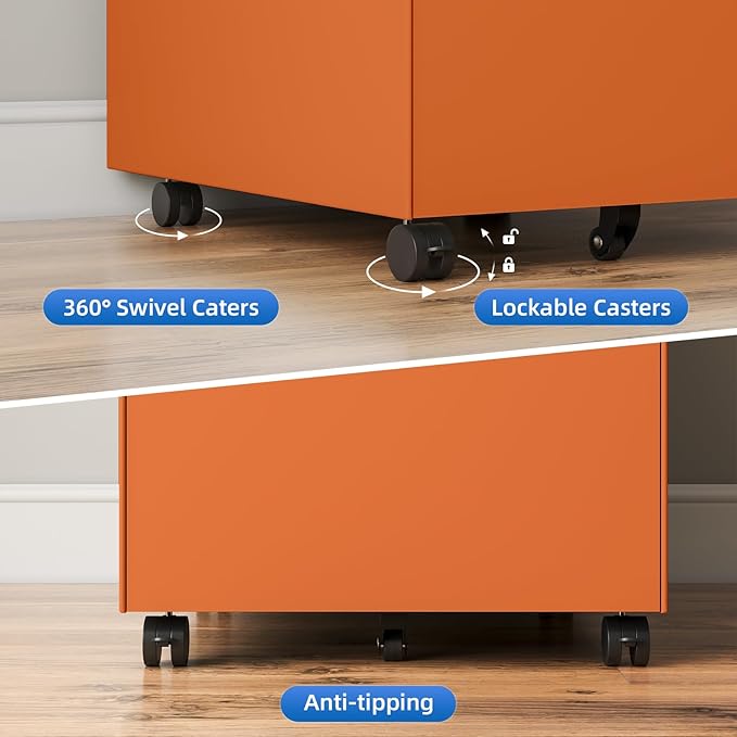 Dripex 3 Drawer Orange File Cabinet, Mobile Under Desk Storage File Cabinet with Lock on Wheels, Fully Assembled, Letter/Legal Size, Small Short Vertical Metal Rolling Filing Cabinets for Home Office