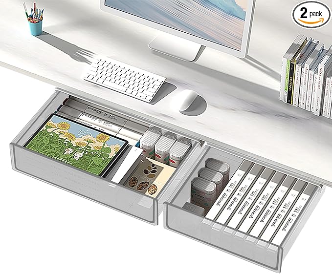 Under Desk Drawer Organizer Slide Out, 2 PCS Large & Medium Under Table Hidden Drawer Under Desk Storage Organizer (Self-Adhesive Tape, Screw Accessories)