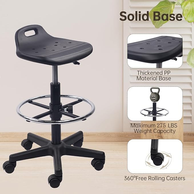KLASIKA Drafting Rolling Stool Adjustable Height with Foot Rest Breathable Seat Cushion Swivel Stools with Wheels, Multi-Purpose Work Stool for Shop, Task, Salon, Black, 2 Pack